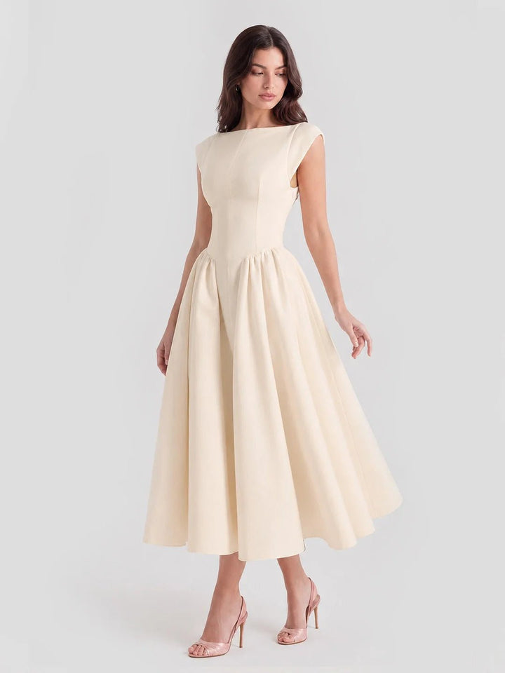 Women's Bateau-Neck Cap-Sleeve Full-Skirt Satin Midi Dress - Beige