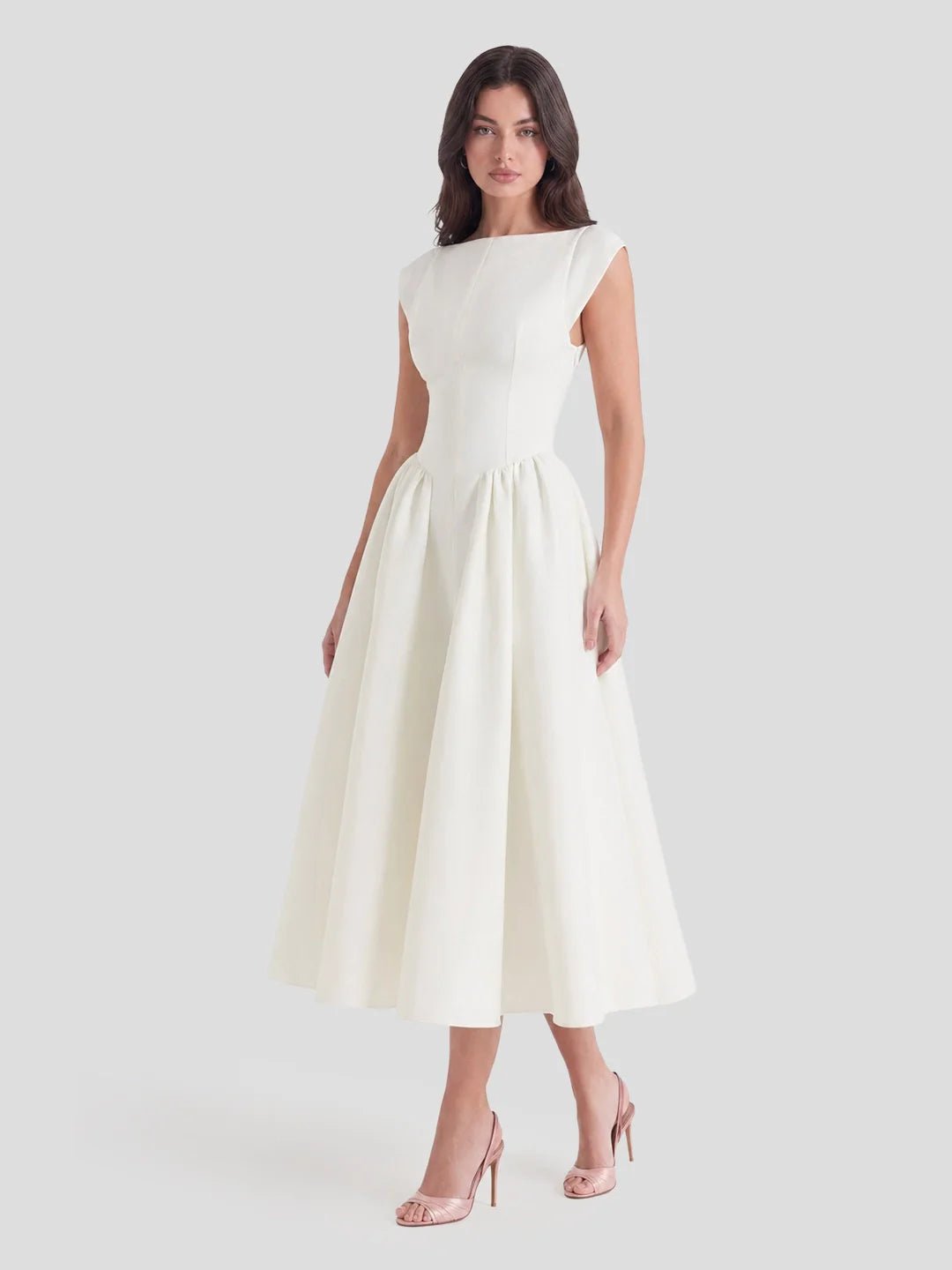 Women's Bateau-Neck Cap-Sleeve Full-Skirt Satin Midi Dress - Ivory
