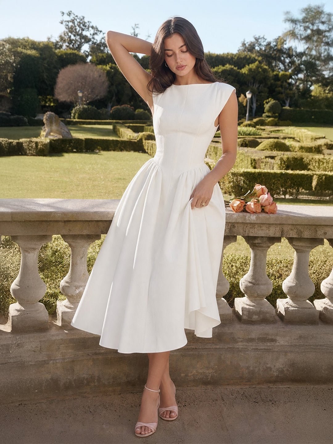 Women's Bateau-Neck Cap-Sleeve Full-Skirt Satin Midi Dress