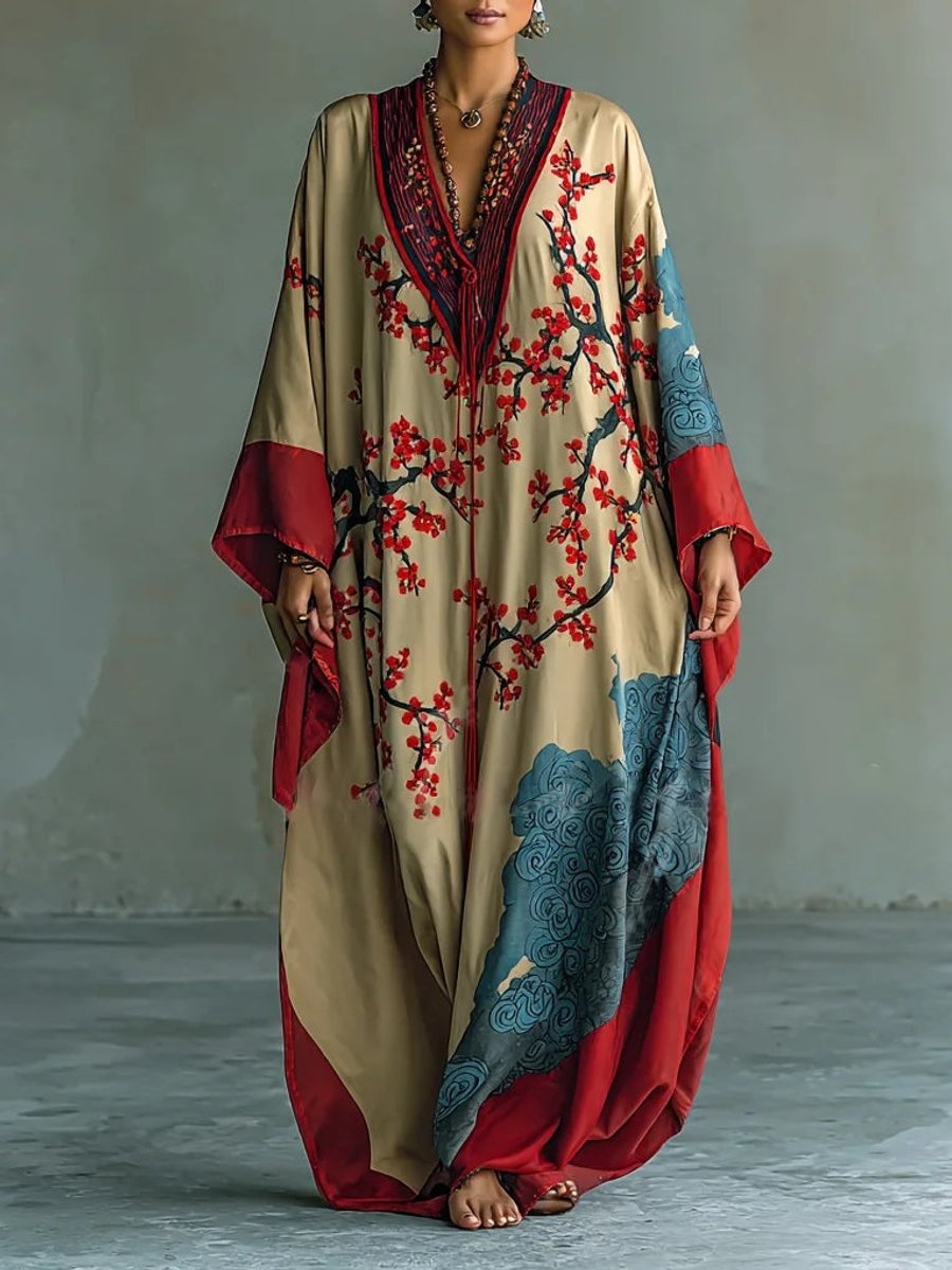 Women's Batwing Sleeve Floral Maxi Long Sleeve Dress Japanese Print - Red