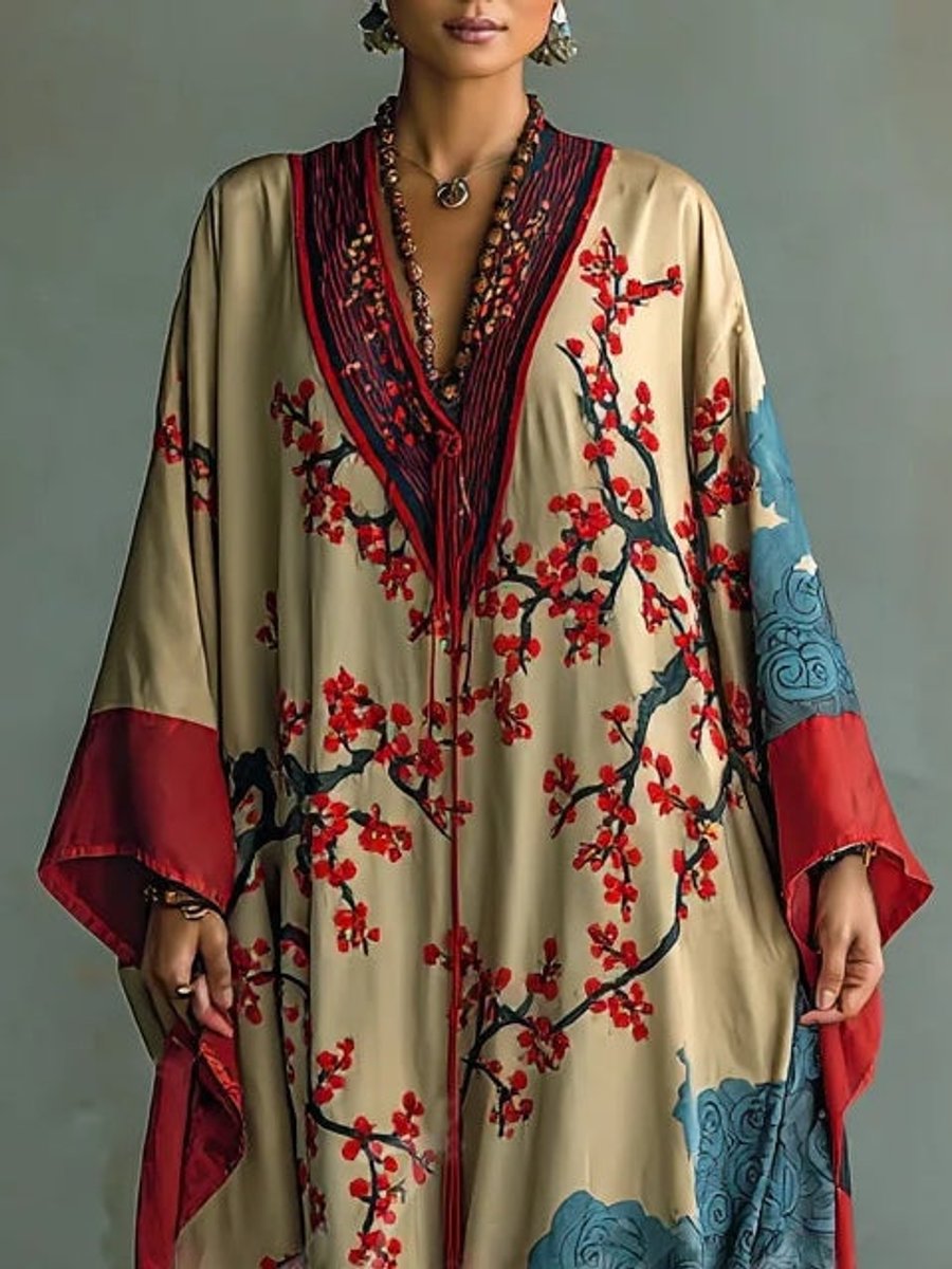 Women's Batwing Sleeve Floral Maxi Long Sleeve Dress Japanese Print