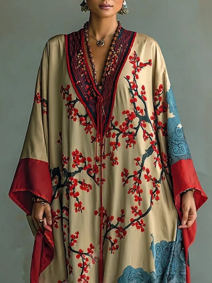 Women's Batwing Sleeve Floral Maxi Long Sleeve Dress Japanese Print
