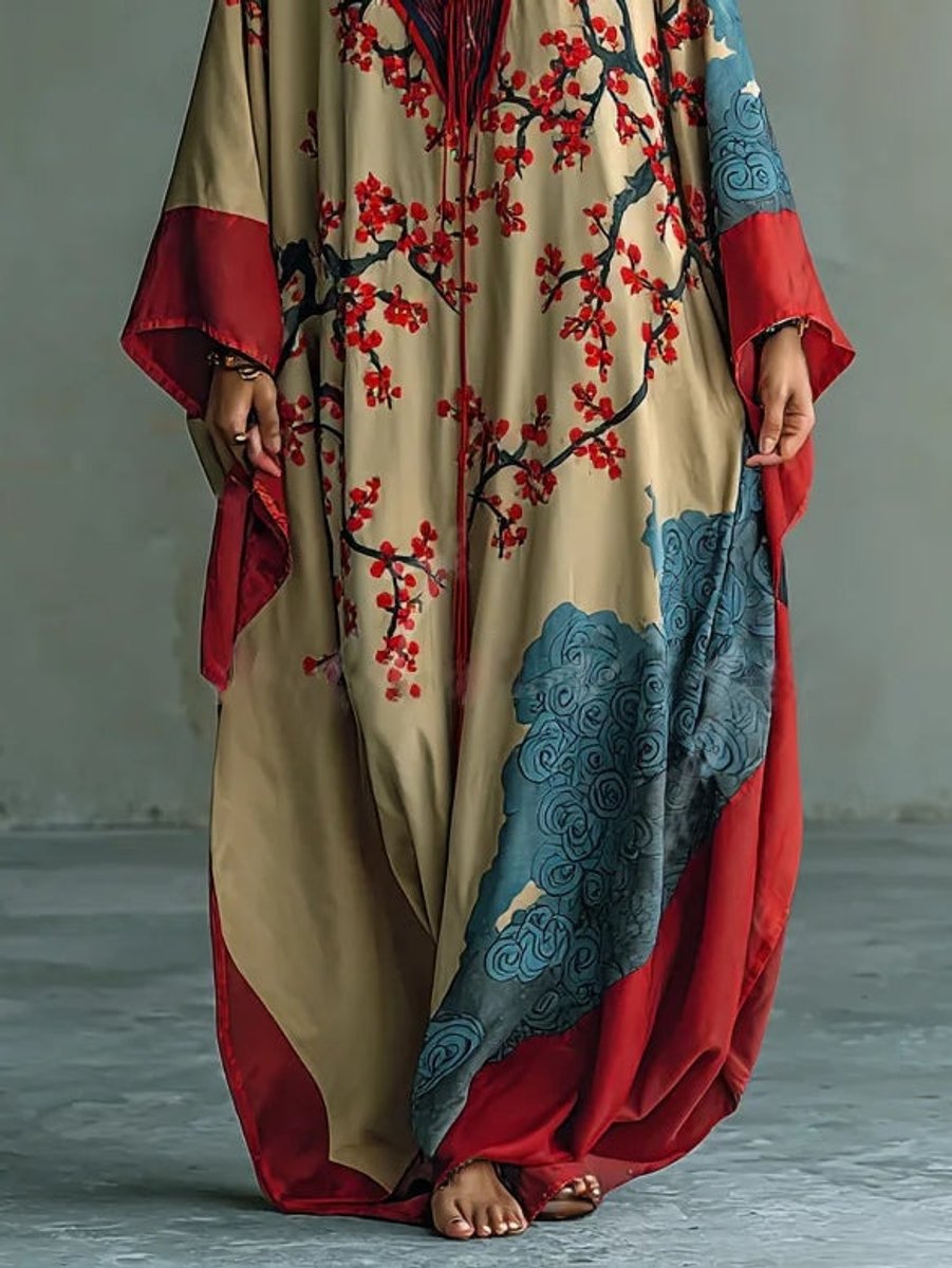 Women's Batwing Sleeve Floral Maxi Long Sleeve Dress Japanese Print