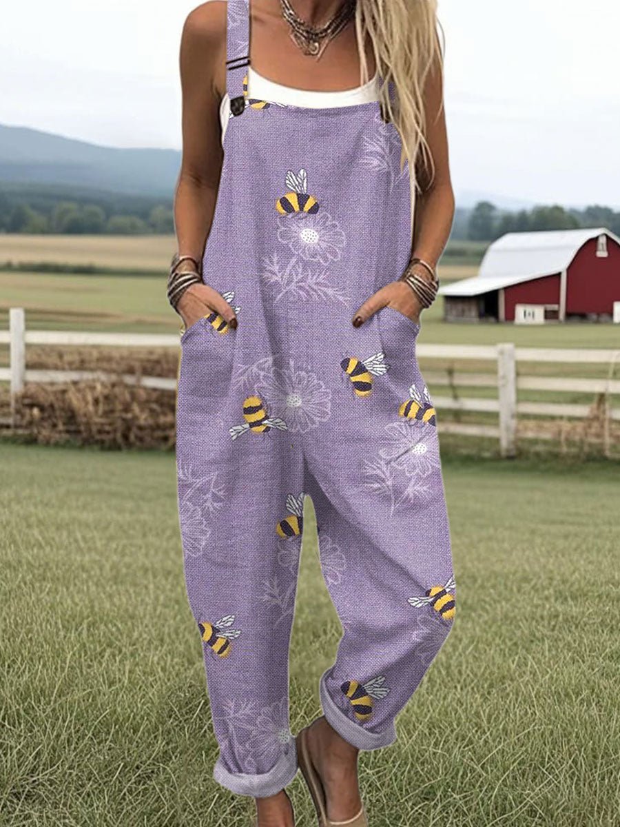 Women's Bee Print Jumpsuit Relaxed Fit Adjustable Straps - Purple