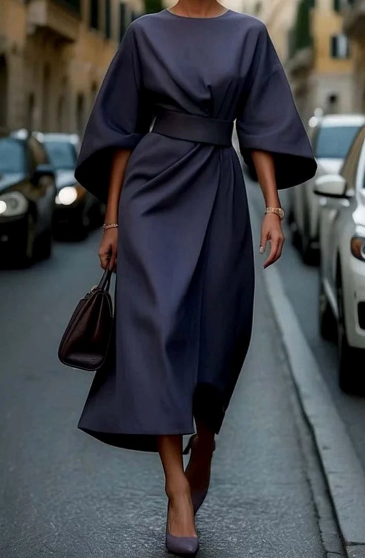 Women's Belted Kimono-Sleeve Midi Elegant Dress - Navy Blue
