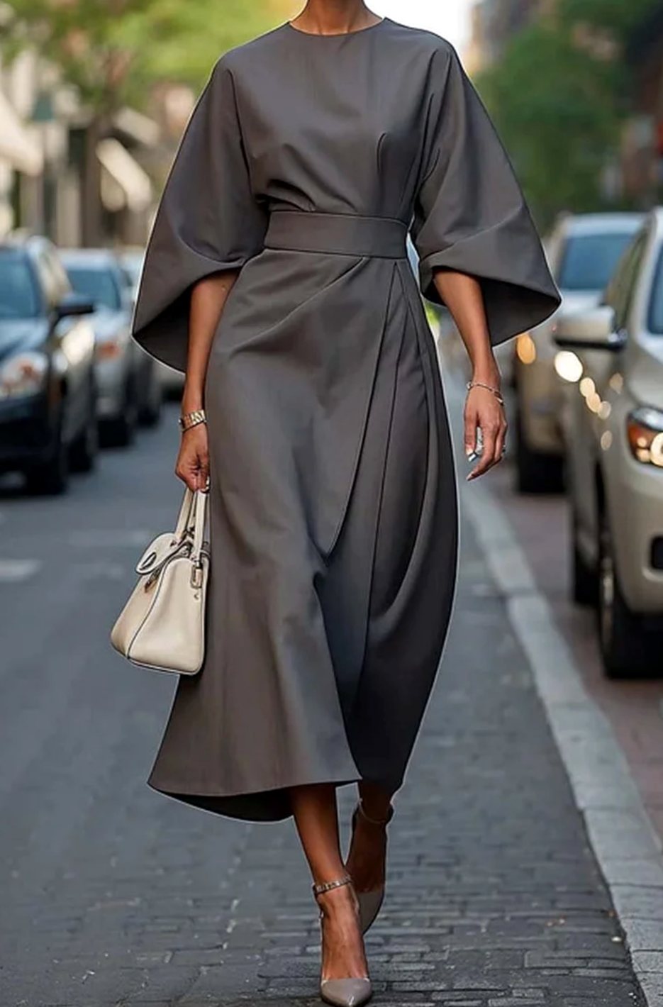Women's Belted Kimono-Sleeve Midi Elegant Dress - Grey