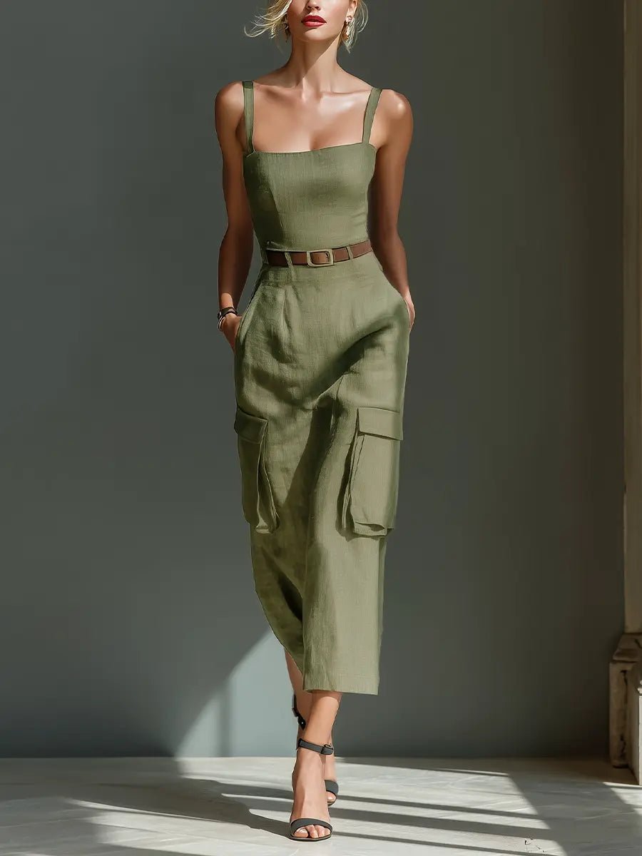 Women's Belted Linen Midi Dress Cargo Pockets - Olive Green