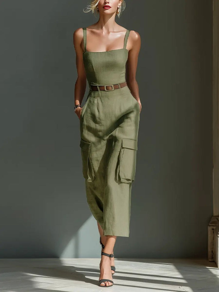 Women's Belted Linen Midi Dress Cargo Pockets - Olive Green