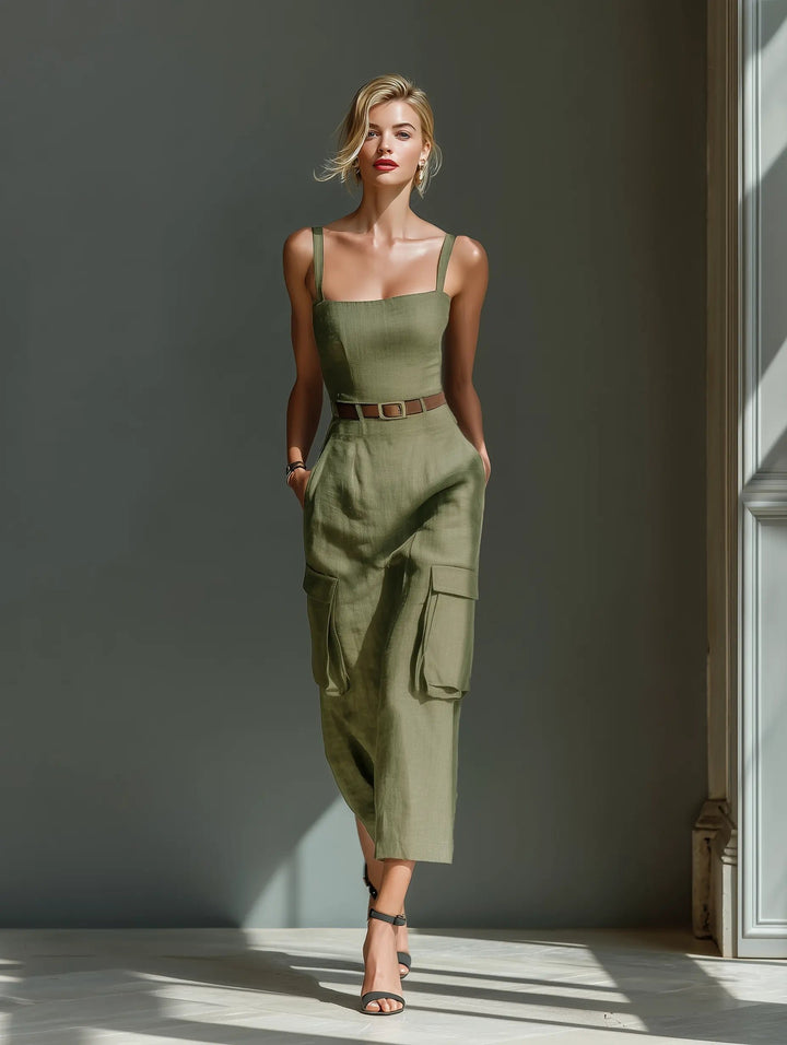 Women's Belted Linen Midi Dress Cargo Pockets