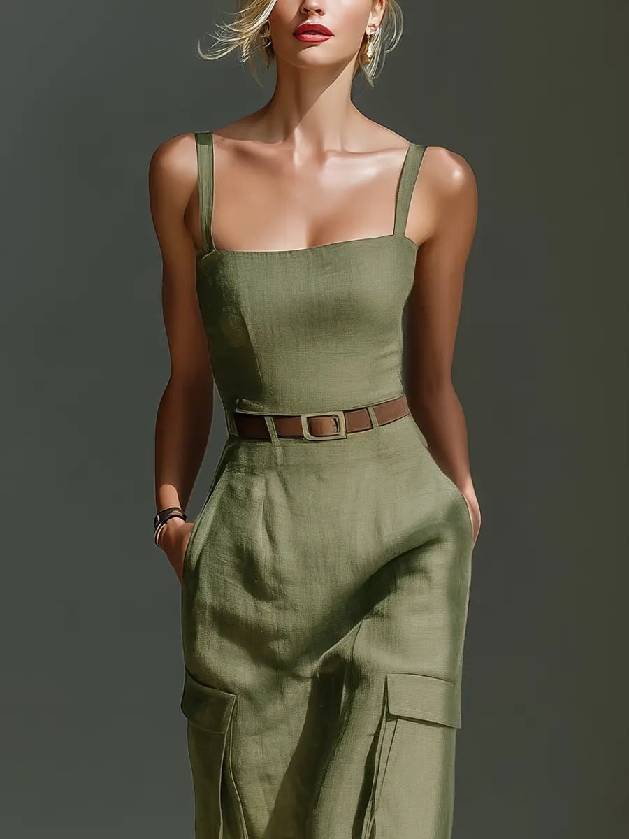 Women's Belted Linen Midi Dress Cargo Pockets