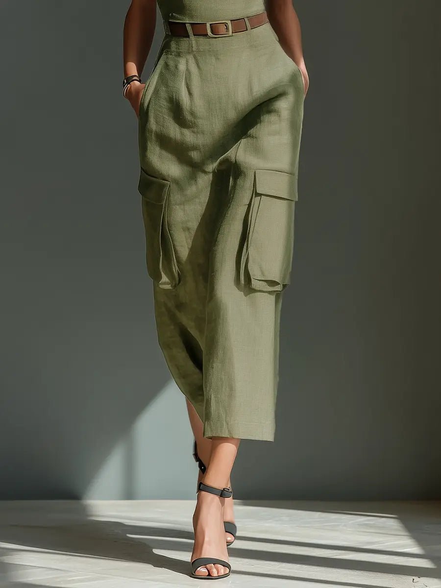 Women's Belted Linen Midi Dress Cargo Pockets