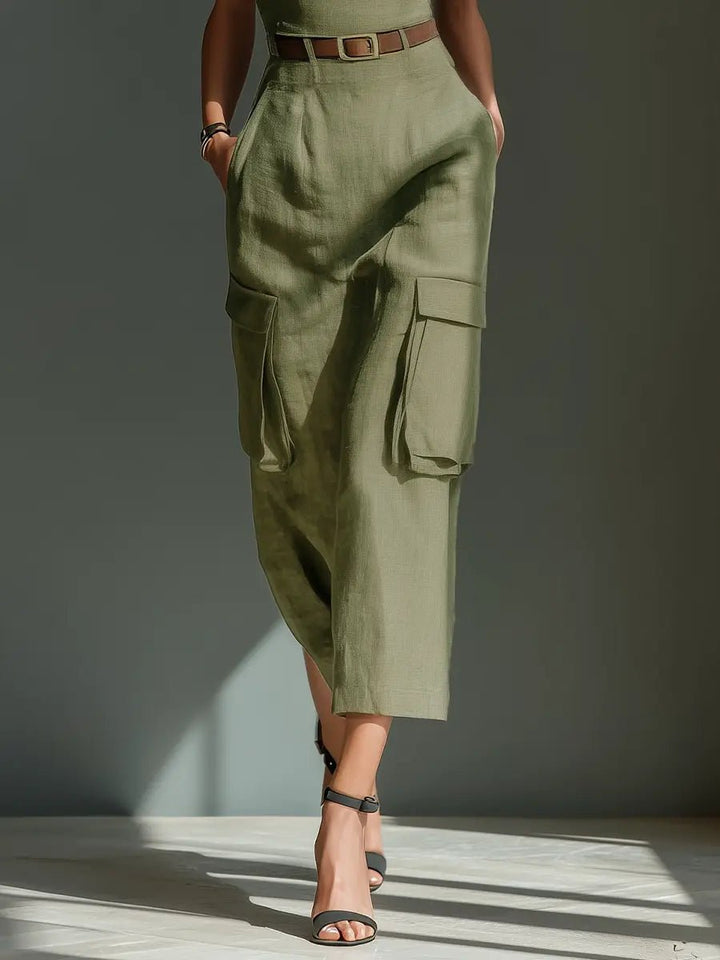 Women's Belted Linen Midi Dress Cargo Pockets