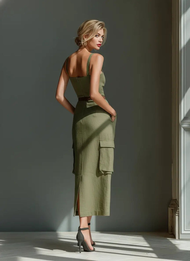 Women's Belted Linen Midi Dress Cargo Pockets