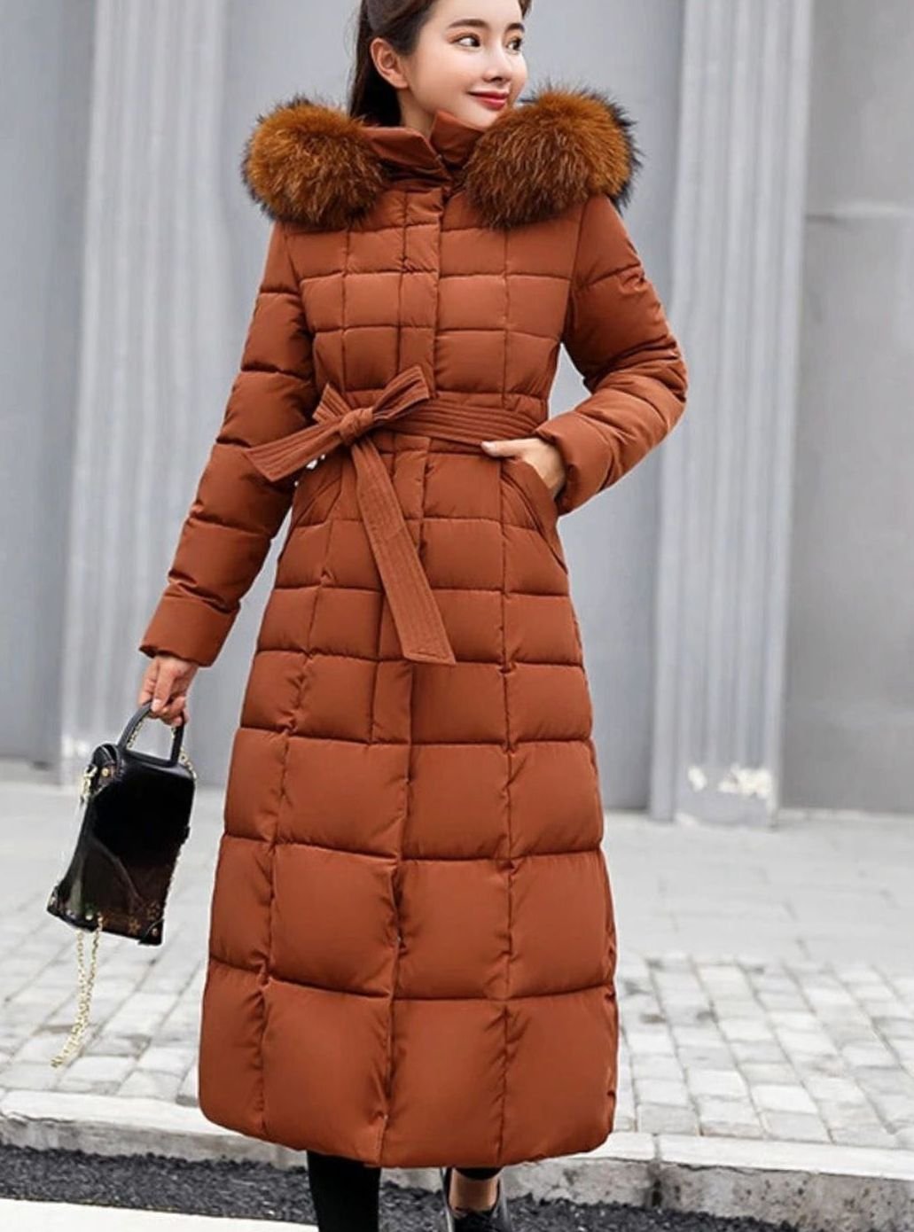 Women's Belted Long Hooded Quilted Puffer Coat - Caramel