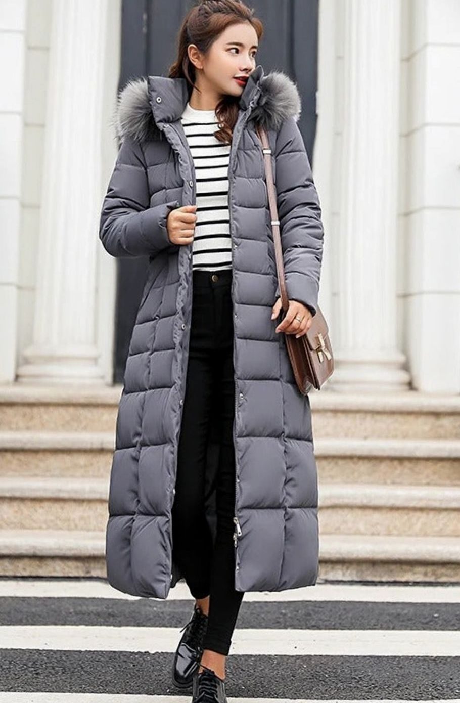 Women's Belted Long Hooded Quilted Puffer Coat - Dark Grey