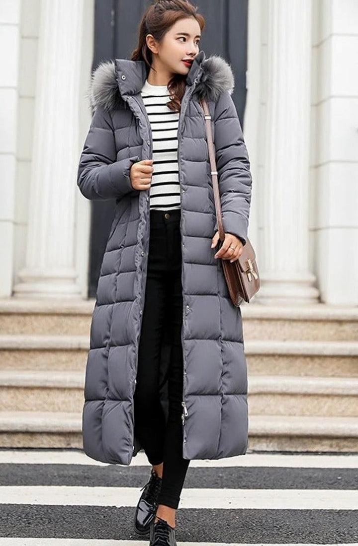 Women's Belted Long Hooded Quilted Puffer Coat - Dark Grey