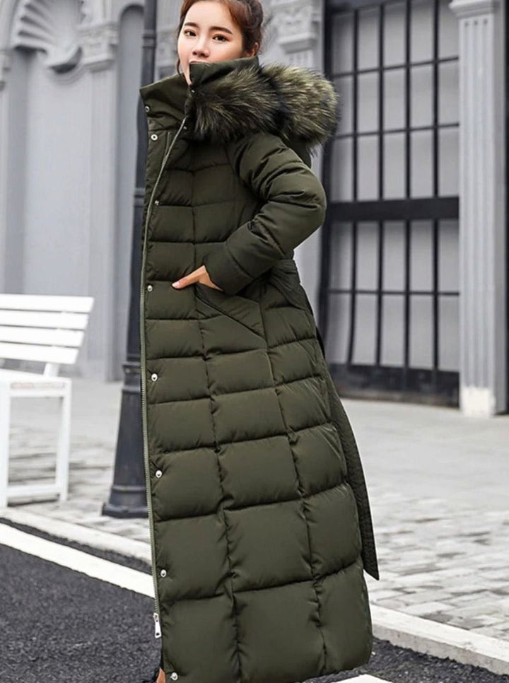 Women's Belted Long Hooded Quilted Puffer Coat - Army Green