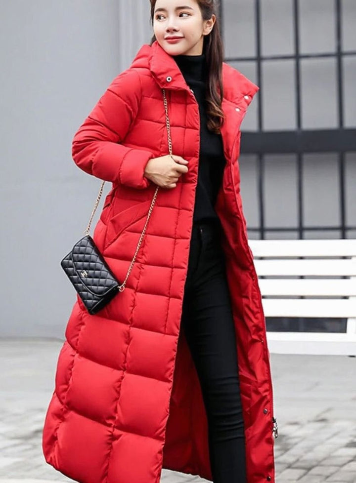 Women's Belted Long Hooded Quilted Puffer Coat - Red