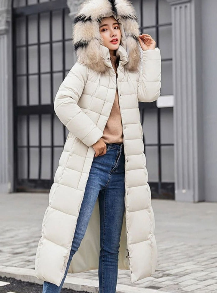 Women's Belted Long Hooded Quilted Puffer Coat - Off White