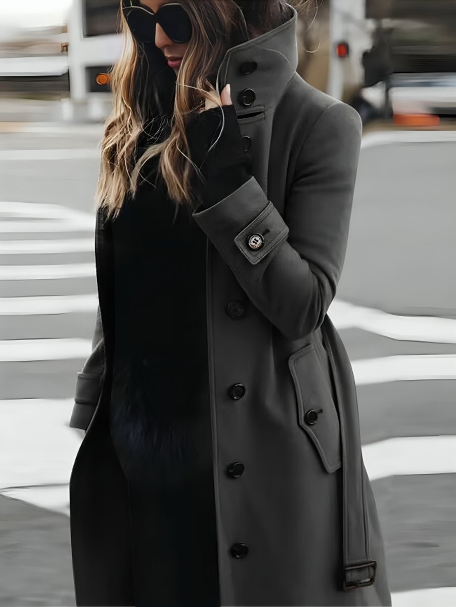 Women's Belted Long Trench Coat High-Collar Tailored Outerwear - Grey