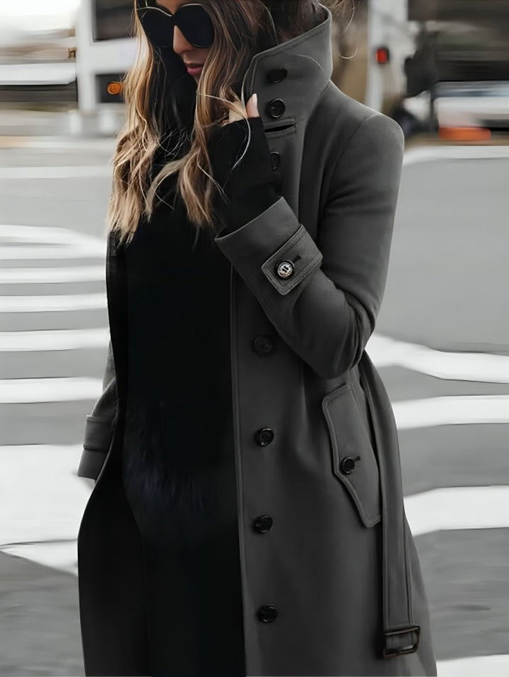 Women's Belted Long Trench Coat High-Collar Tailored Outerwear - Grey