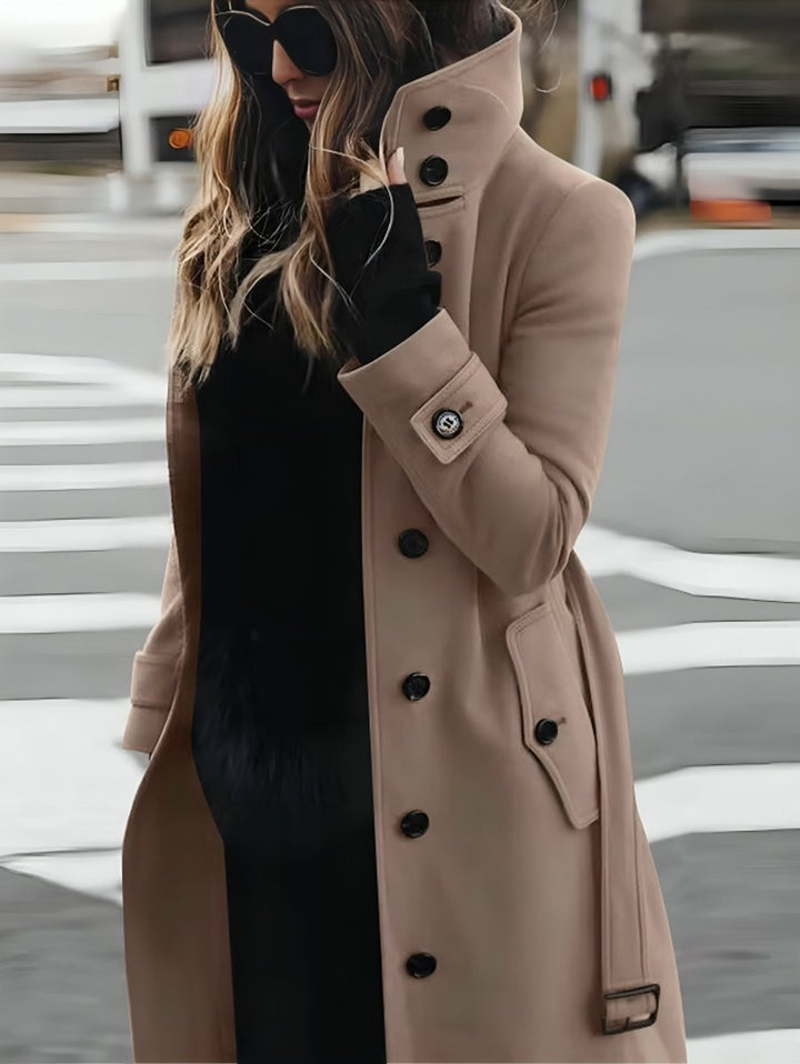Women's Belted Long Trench Coat High-Collar Tailored Outerwear - Beige