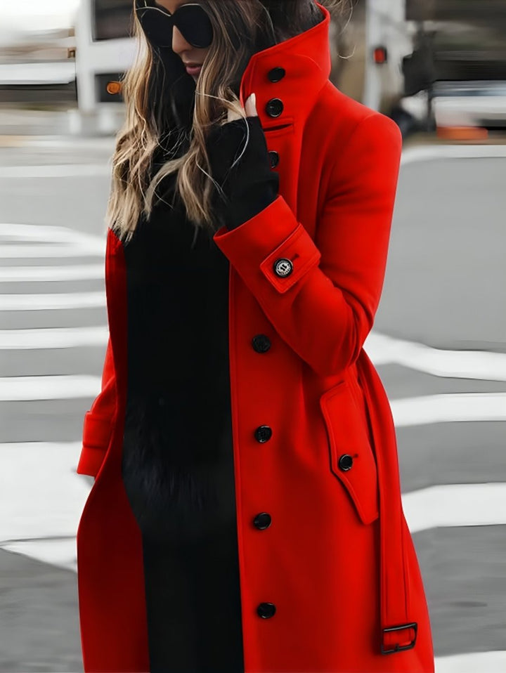 Women's Belted Long Trench Coat High-Collar Tailored Outerwear - Red