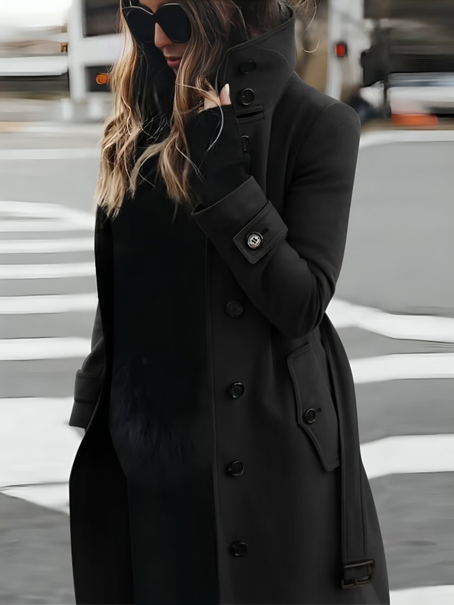 Women's Belted Long Trench Coat High-Collar Tailored Outerwear - Black