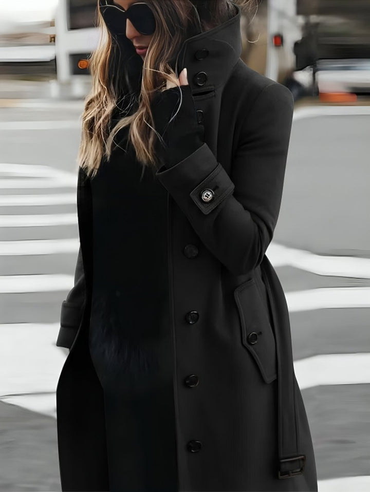 Women's Belted Long Trench Coat High-Collar Tailored Outerwear - Black
