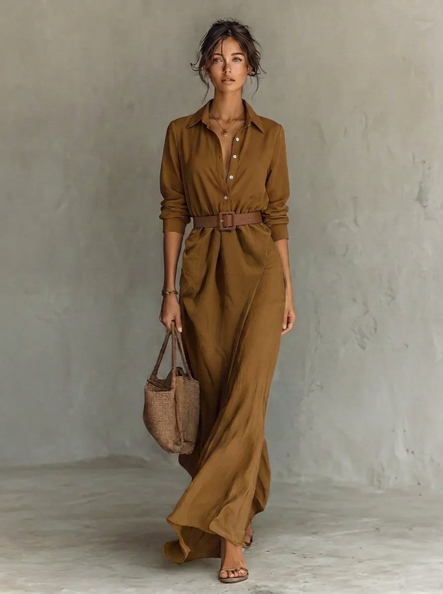 Women's Belted Maxi Long Sleeve Dress Shirt Collar Flowy - Khaki