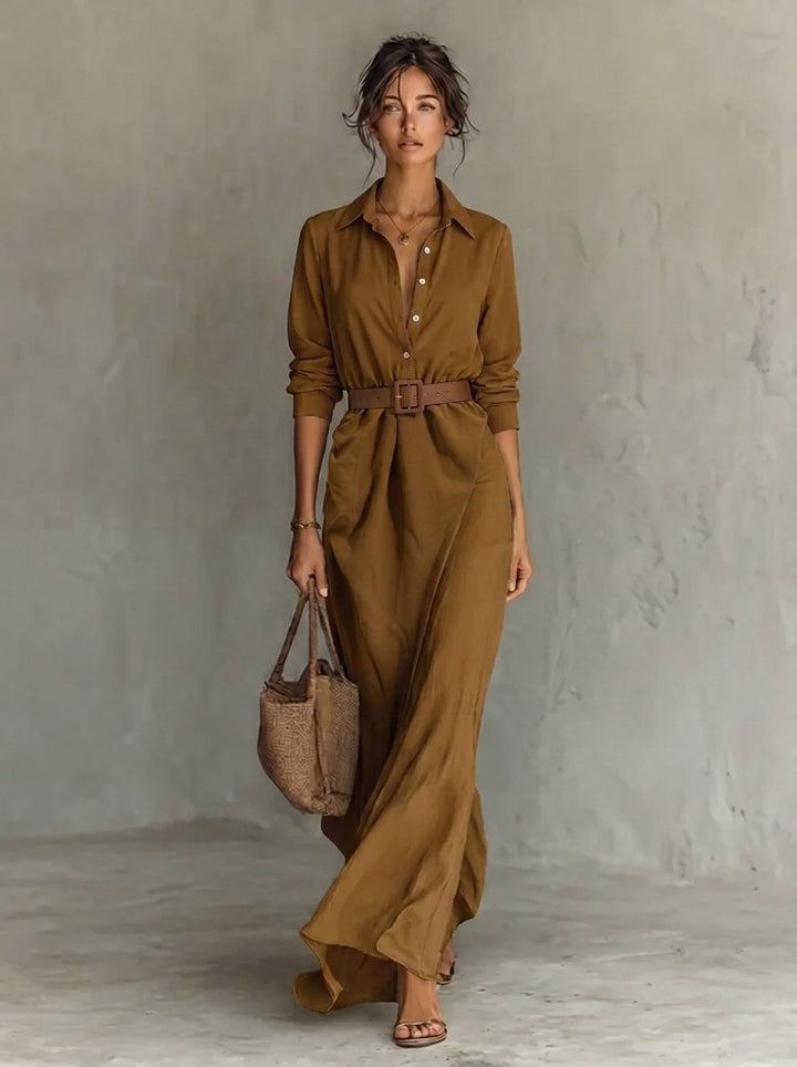 Women's Belted Maxi Long Sleeve Dress Shirt Collar Flowy - Khaki