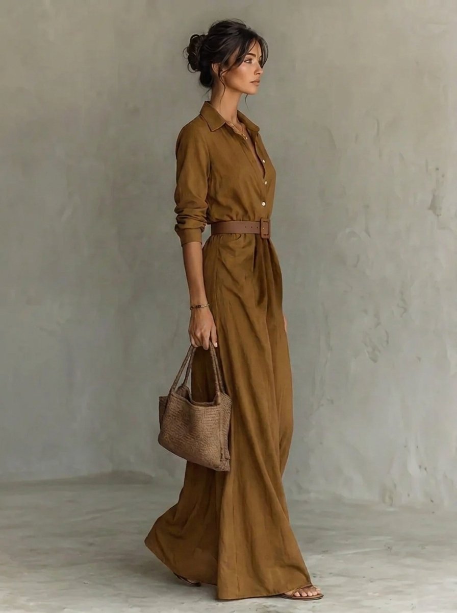 Women's Belted Maxi Long Sleeve Dress Shirt Collar Flowy