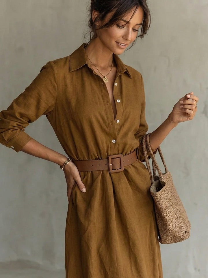 Women's Belted Maxi Long Sleeve Dress Shirt Collar Flowy