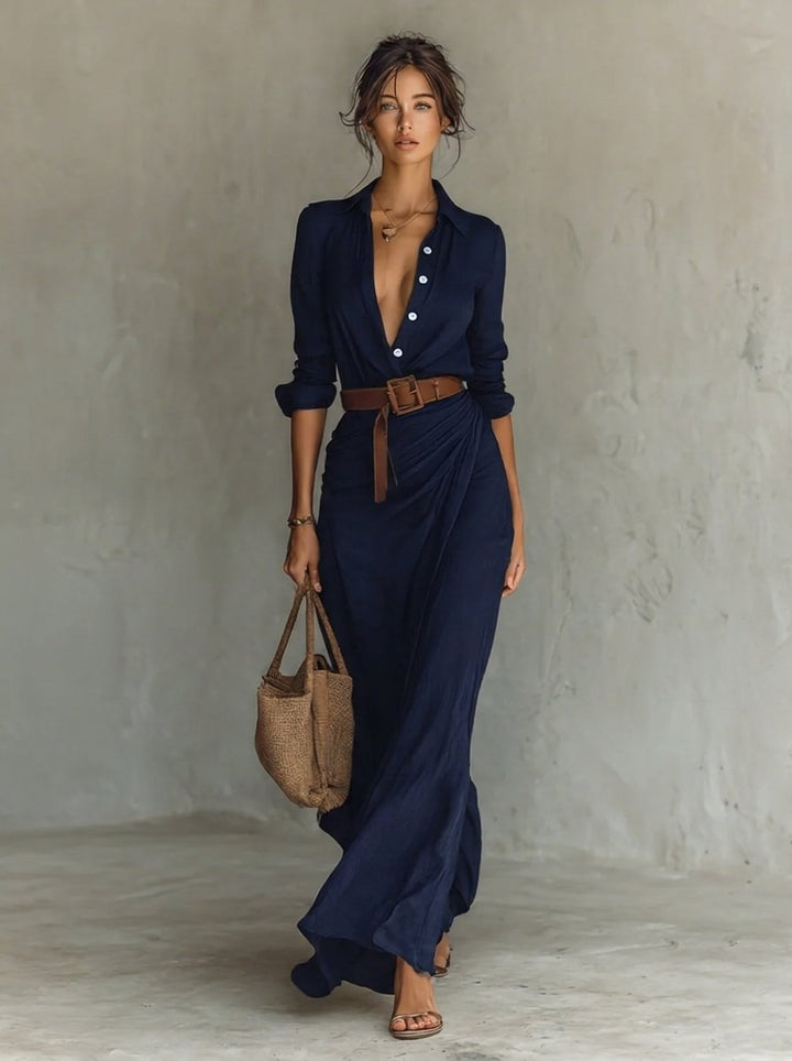 Women's Belted Maxi Long Sleeve Dress Shirt Collar Flowy - Navy Blue