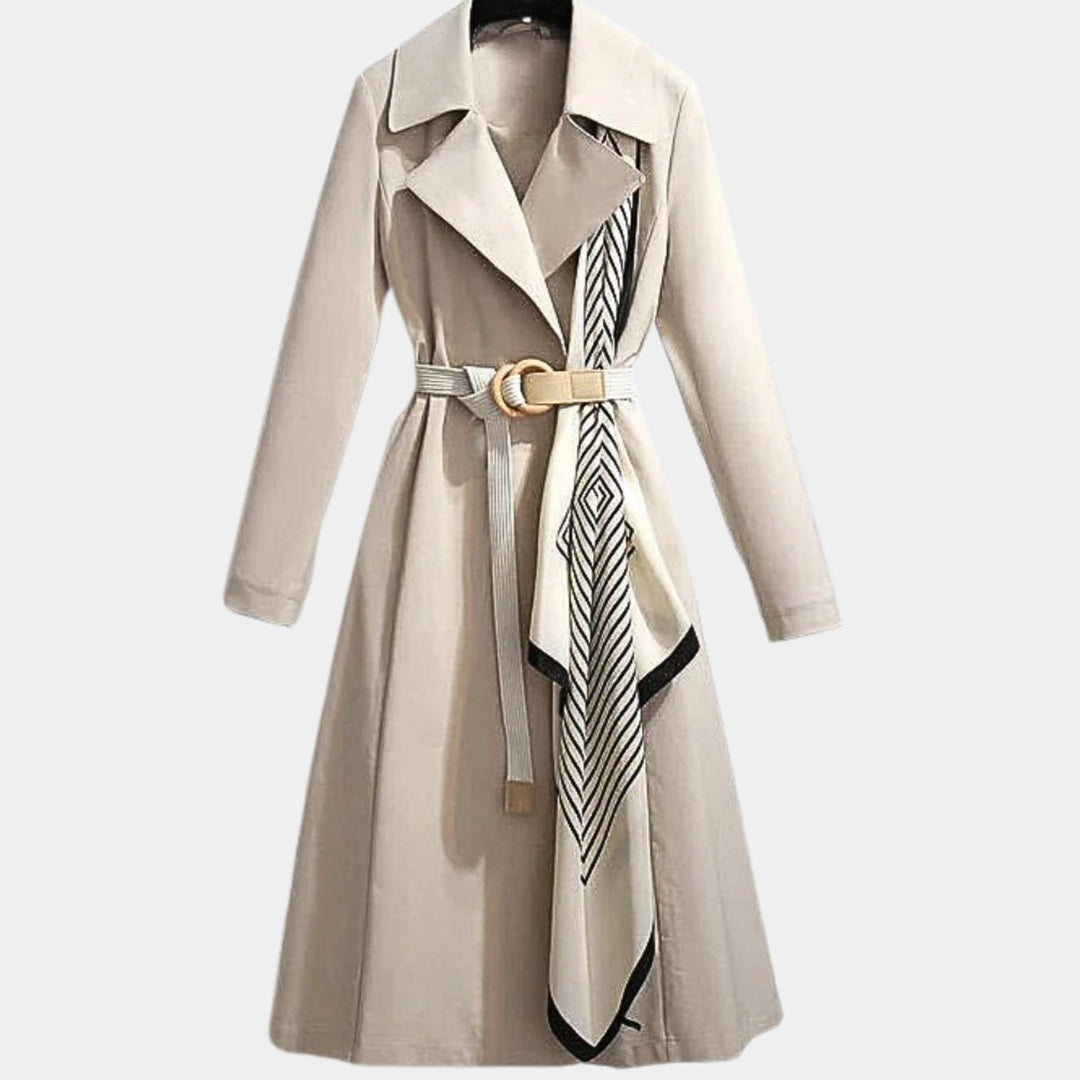 Women's Belted Midi Trench Coat Relaxed Fit Long Sleeve - Beige