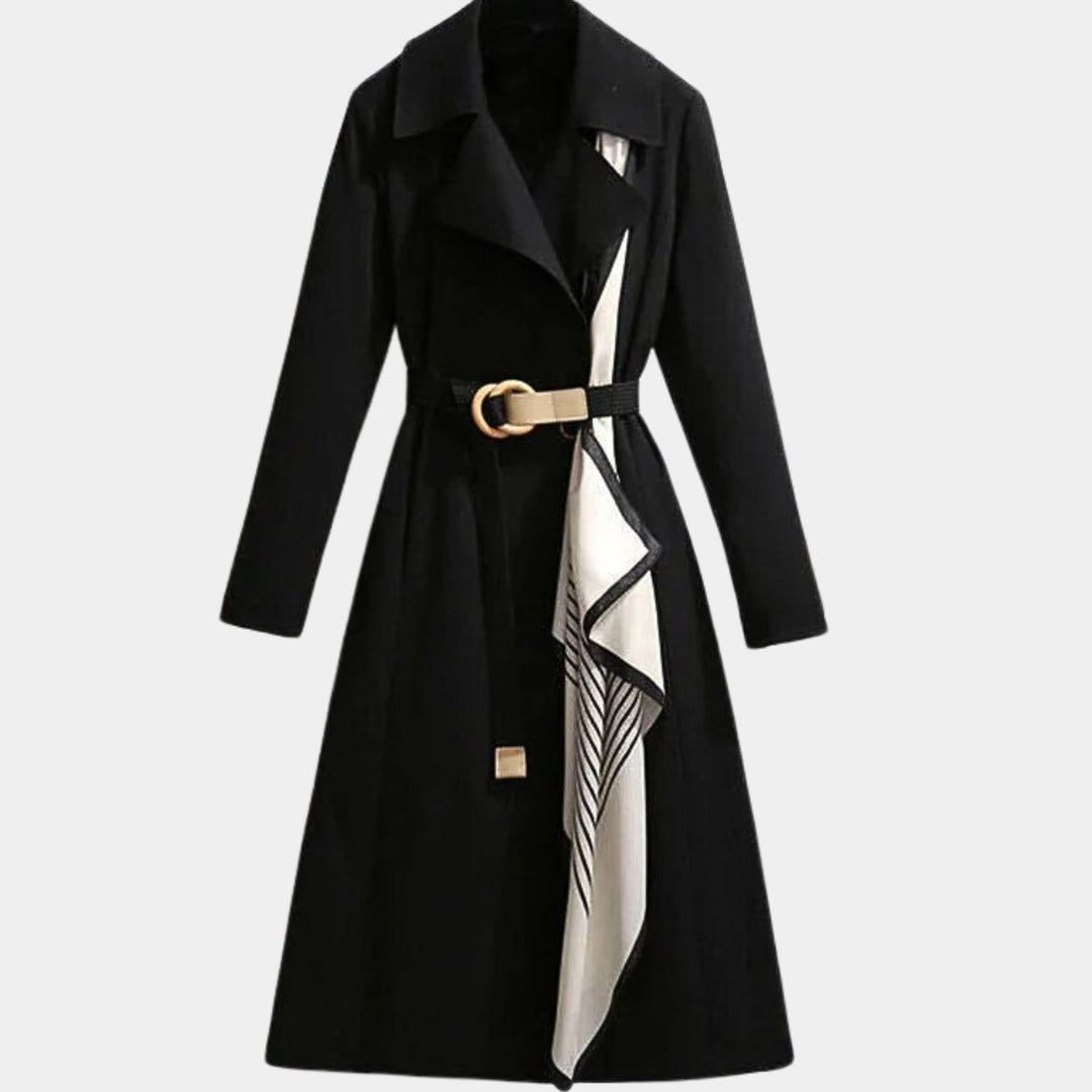 Women's Belted Midi Trench Coat Relaxed Fit Long Sleeve - Black