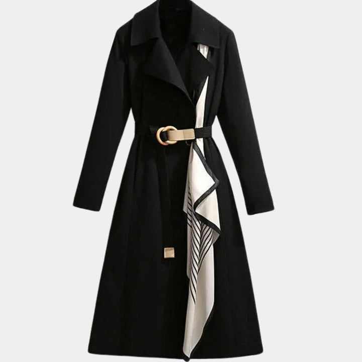 Women's Belted Midi Trench Coat Relaxed Fit Long Sleeve - Black