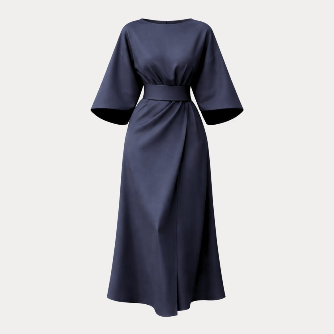 Women's Belted Wide-Sleeve Midi Long Sleeve Dress