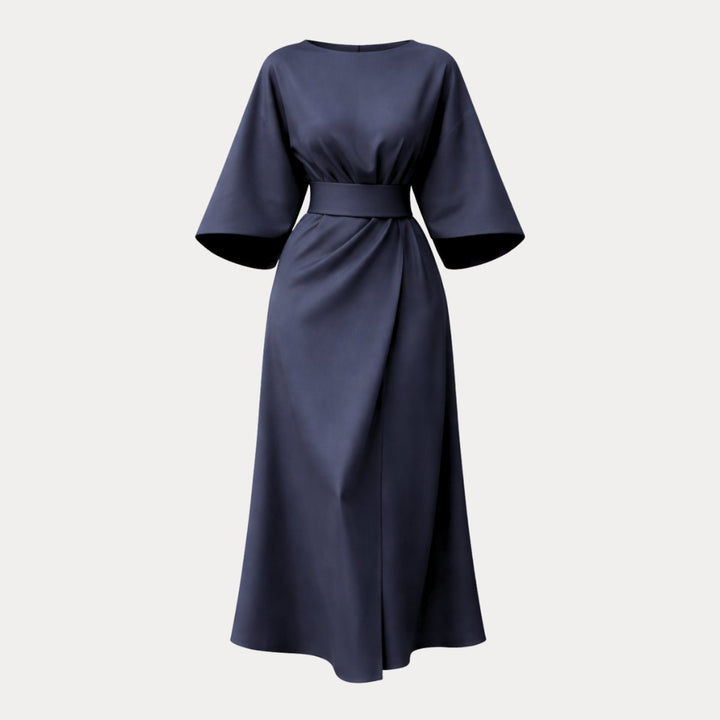Women's Belted Wide-Sleeve Midi Long Sleeve Dress