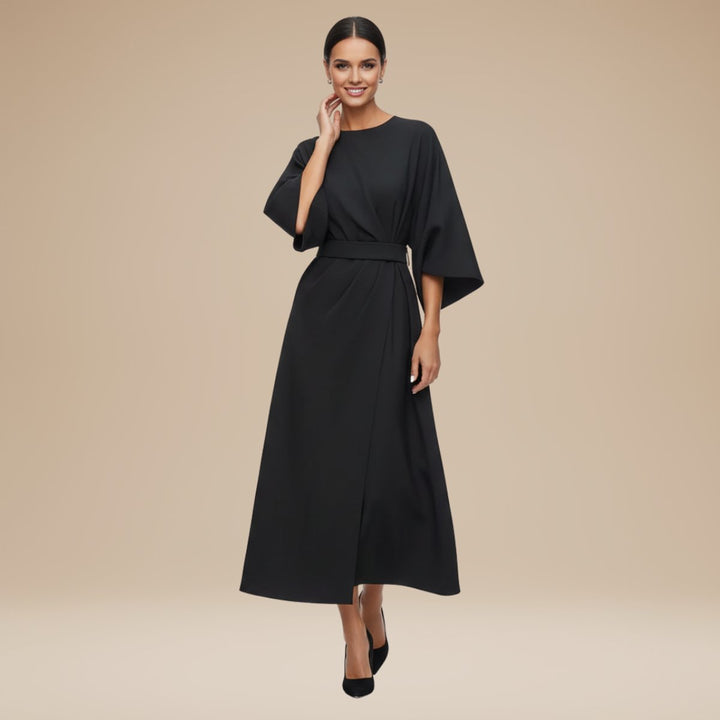 Women's Belted Wide-Sleeve Midi Long Sleeve Dress - Black