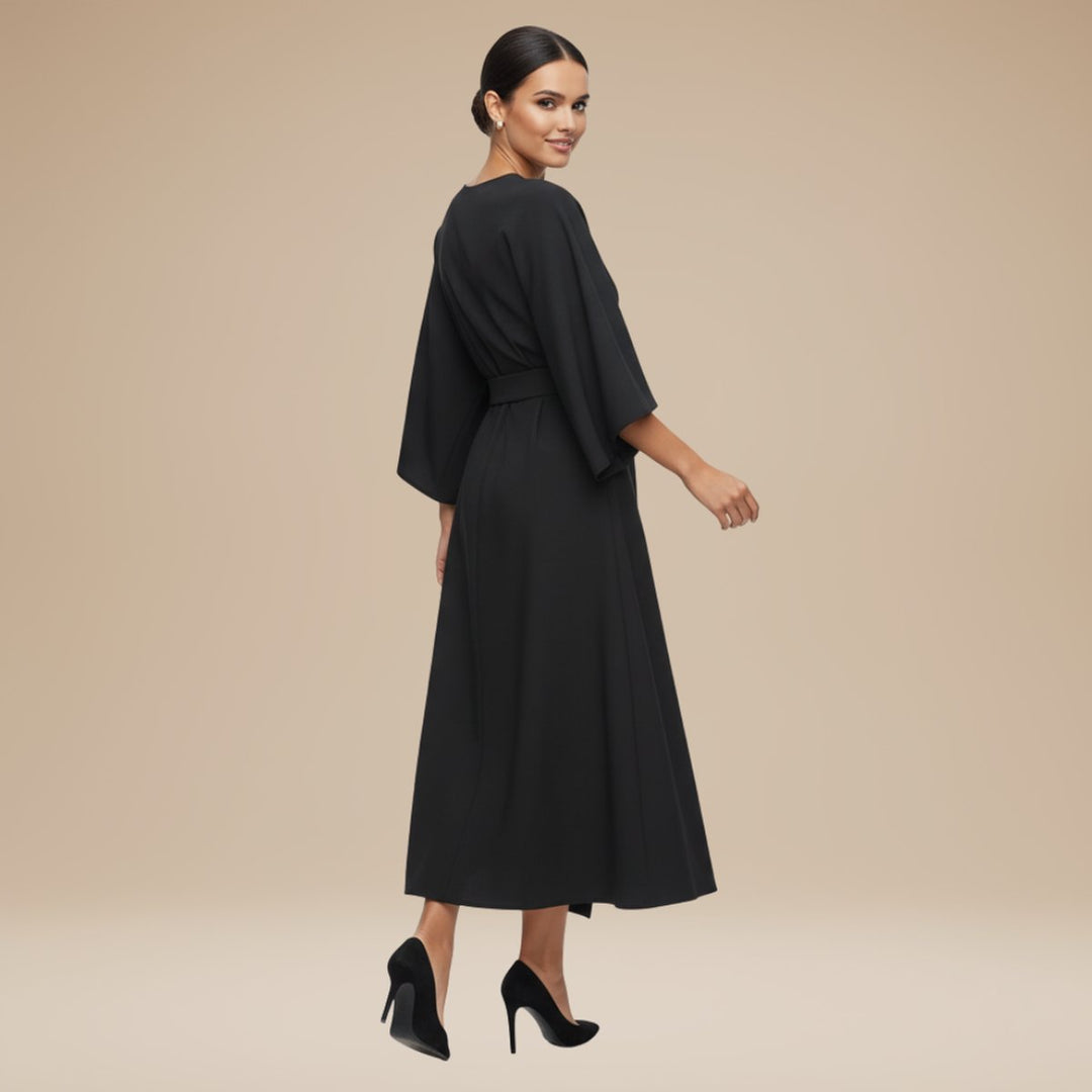Women's Belted Wide-Sleeve Midi Long Sleeve Dress