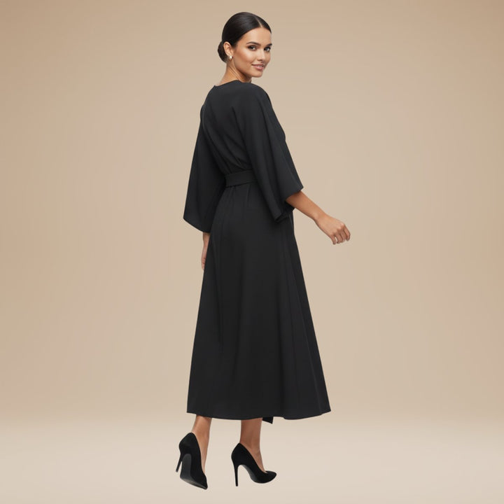 Women's Belted Wide-Sleeve Midi Long Sleeve Dress