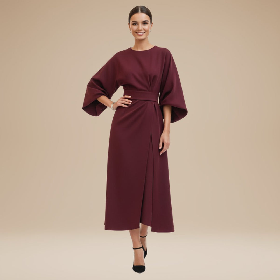 Women's Belted Wide-Sleeve Midi Long Sleeve Dress - Bordeaux Red