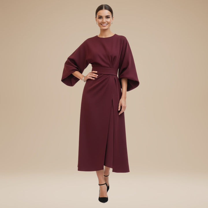 Women's Belted Wide-Sleeve Midi Long Sleeve Dress - Bordeaux Red