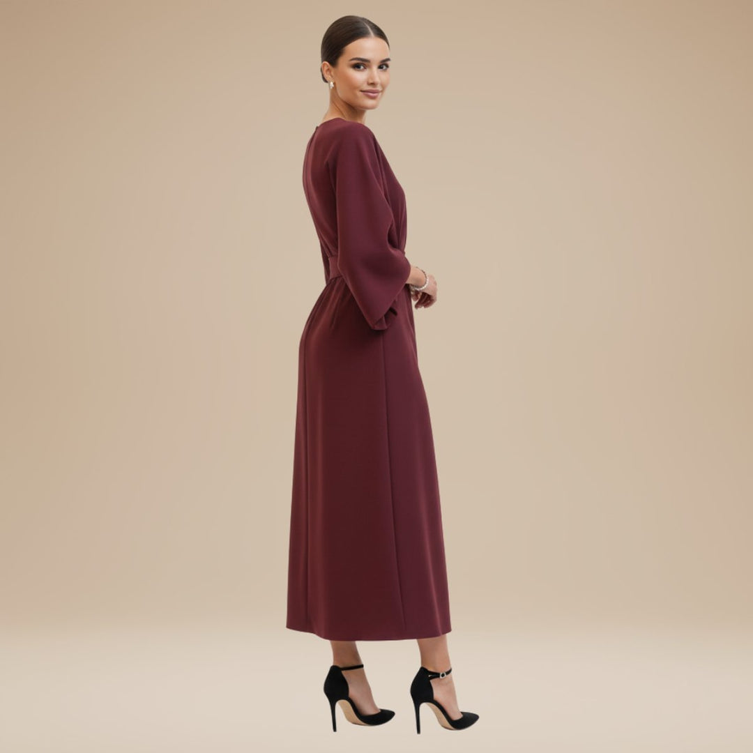Women's Belted Wide-Sleeve Midi Long Sleeve Dress