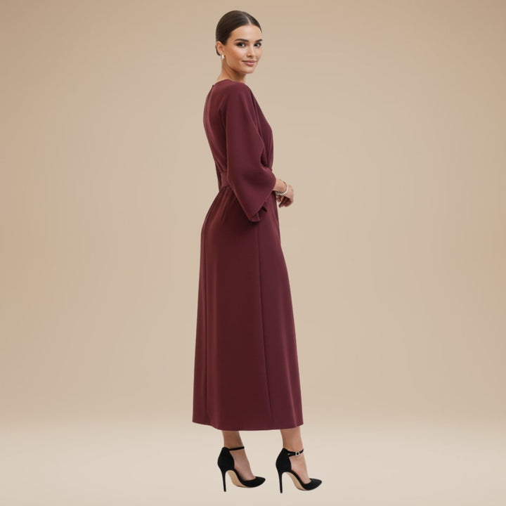 Women's Belted Wide-Sleeve Midi Long Sleeve Dress