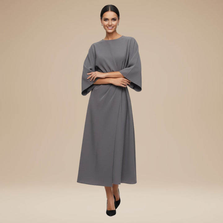 Women's Belted Wide-Sleeve Midi Long Sleeve Dress - Grey