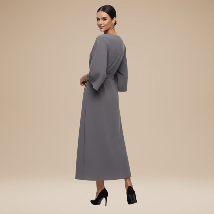 Women's Belted Wide-Sleeve Midi Long Sleeve Dress