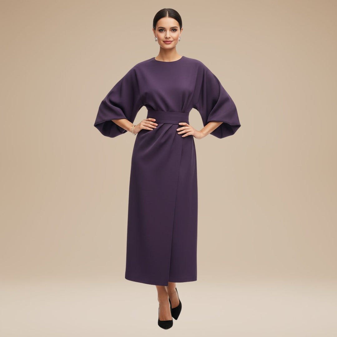 Women's Belted Wide-Sleeve Midi Long Sleeve Dress - Purple