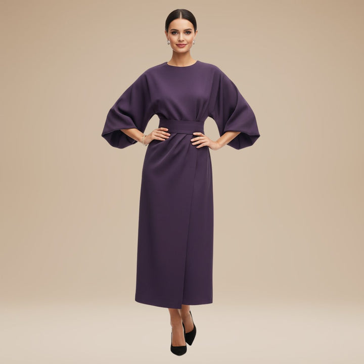 Women's Belted Wide-Sleeve Midi Long Sleeve Dress - Purple
